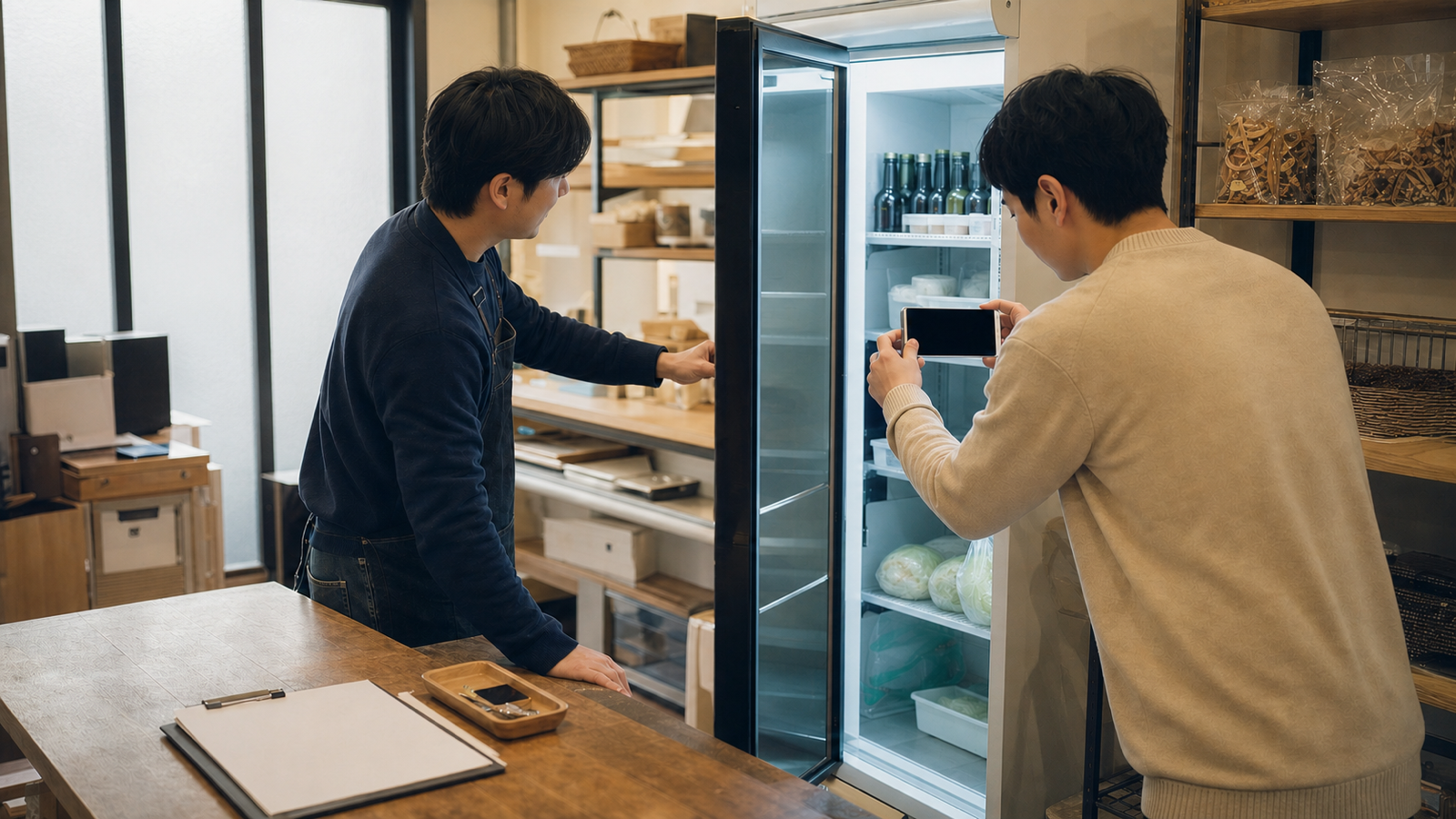 기존 임차인과 인수 검토자가 점포 기기의 상태를 함께 확인하고 사진으로 기록하는 모습