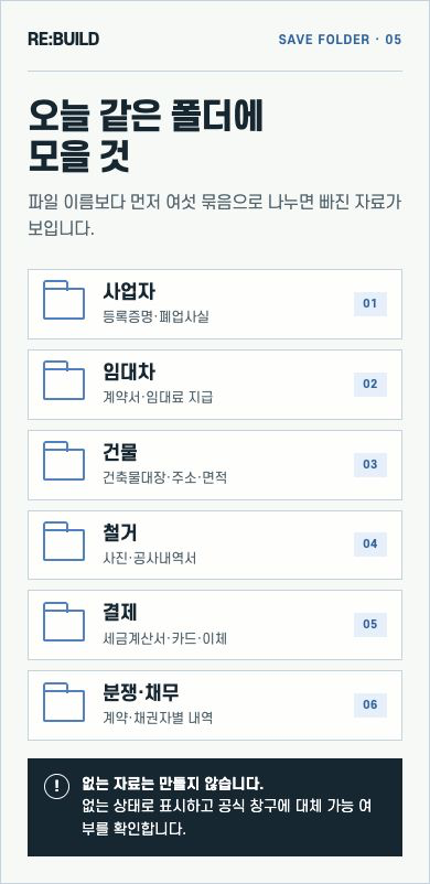 사업자·임대차·건물·철거·결제·분쟁 채무 자료를 나눈 저장 카드